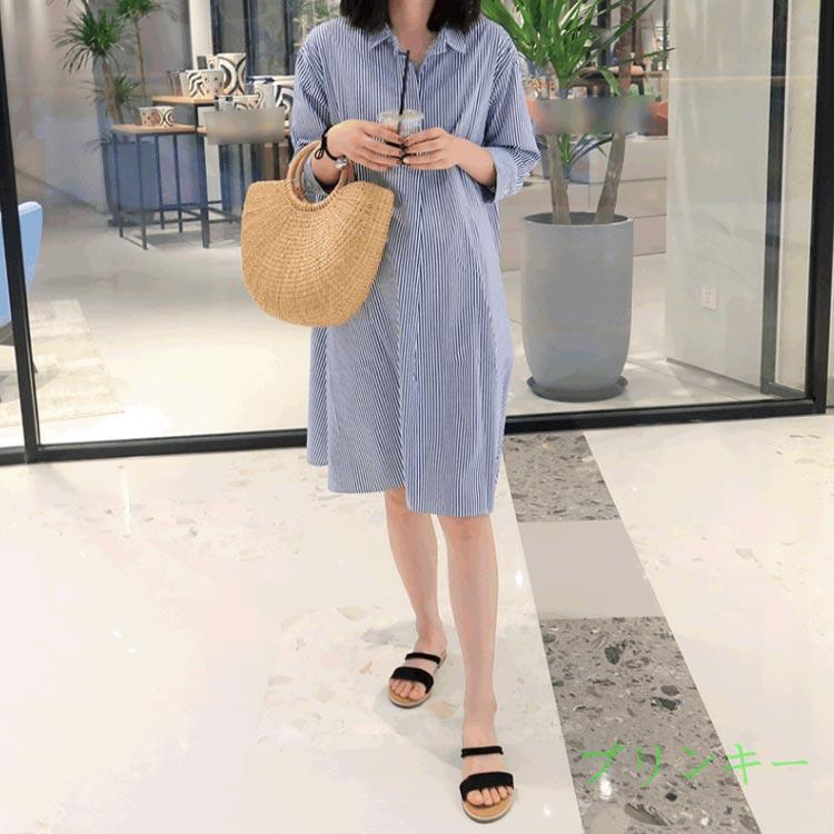 マタニティワンピース ストライプ柄 シャツワンピース ワンピース マタニティ マタニティウエア 夏ワンピース aライン 妊娠用 産前産後 カジュアルの画像