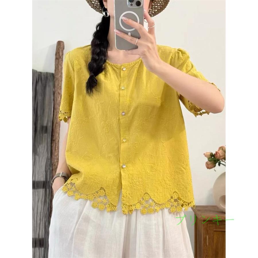 ブラウス レディース 半袖 刺繍 レース シャツ 丸襟 トップス 薄手