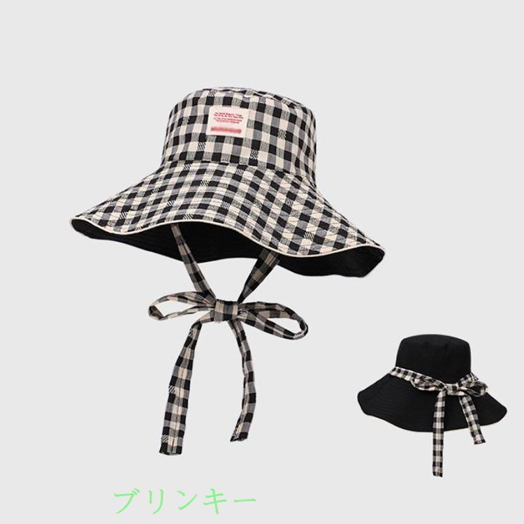 日よけ 帽子 両面使用可能 バケットハット チェック柄 つば広 紐付き