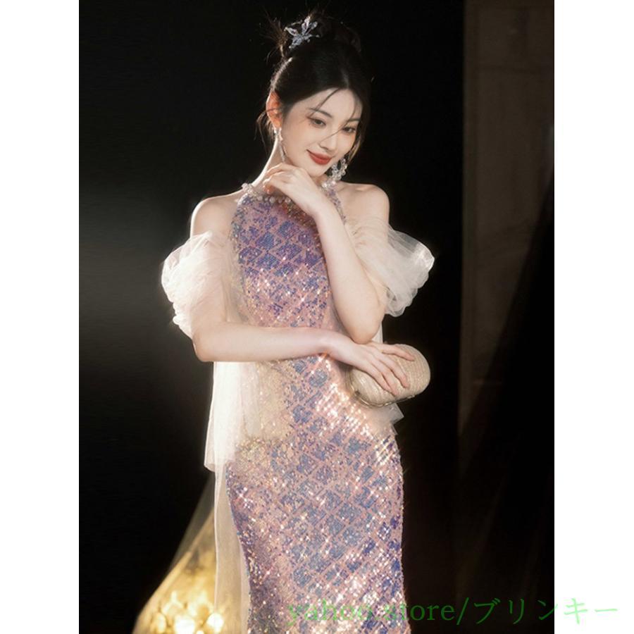 ドレス 大人 ピアノ発表会 演奏会用 ロングドレス スパンコール