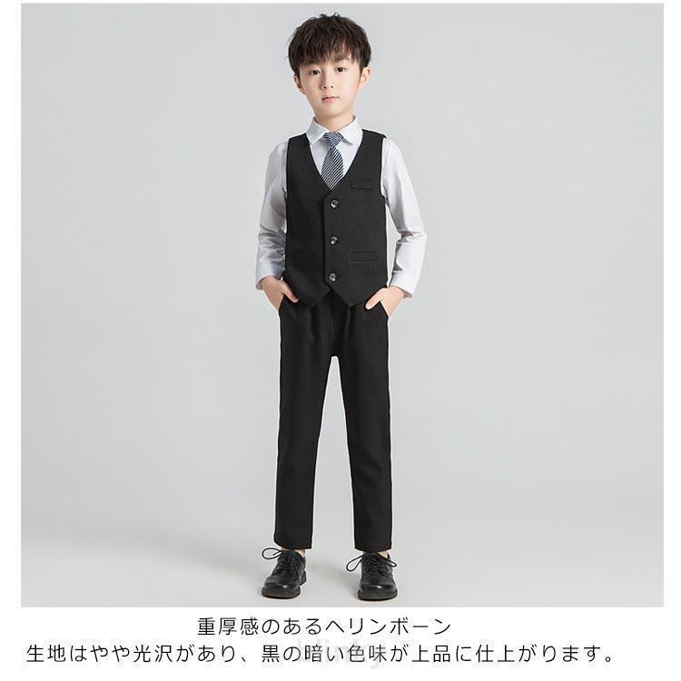 ジレ 4点セット パンツ 卒業式 男の子 黒 入学式 発表会 スーツ キッズ グレー ストライプ柄 子供 スーツ フォーマルスーツ 結婚式 ジャケットの画像