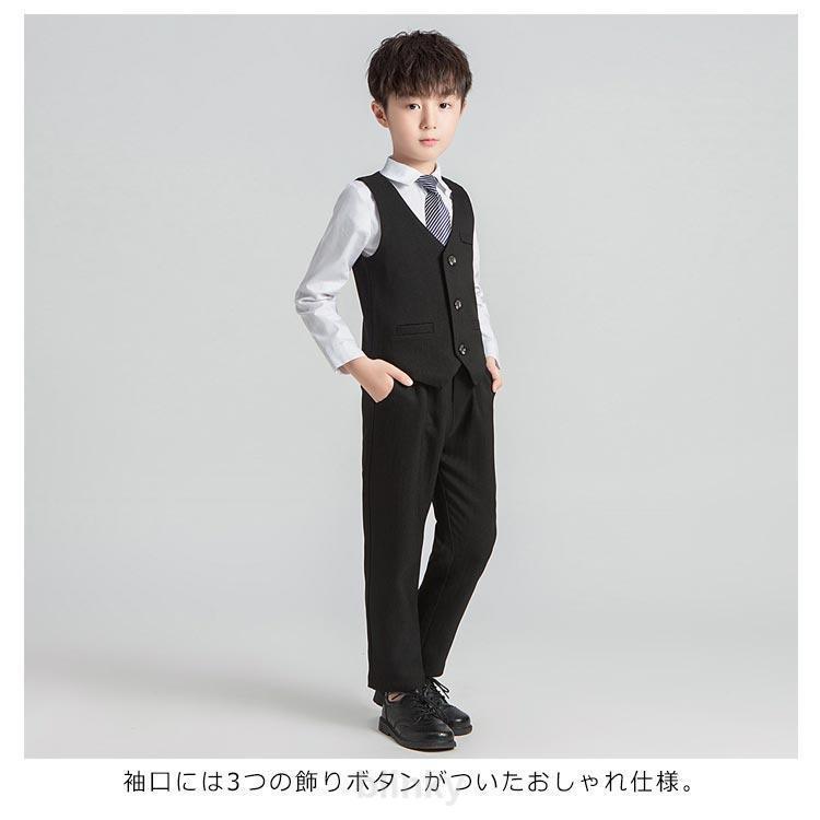 ジレ 4点セット パンツ 卒業式 男の子 黒 入学式 発表会 スーツ キッズ グレー ストライプ柄 子供 スーツ フォーマルスーツ 結婚式 ジャケットの画像