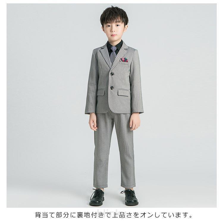 ジレ 4点セット パンツ 卒業式 男の子 黒 入学式 発表会 スーツ キッズ グレー ストライプ柄 子供 スーツ フォーマルスーツ 結婚式 ジャケットの画像