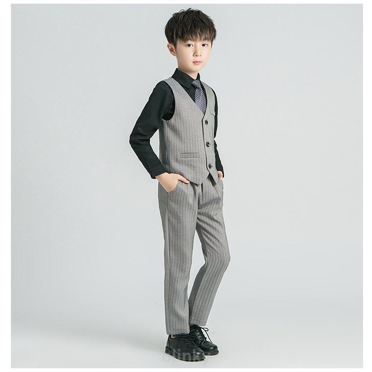 ジレ 4点セット パンツ 卒業式 男の子 黒 入学式 発表会 スーツ キッズ グレー ストライプ柄 子供 スーツ フォーマルスーツ 結婚式 ジャケットの画像