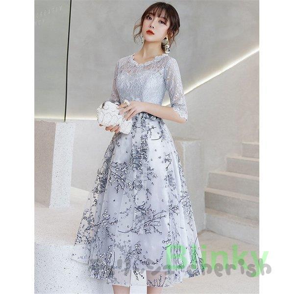 パーティードレス 結婚式 40代 20代 ロング 袖あり 五分袖 韓国風