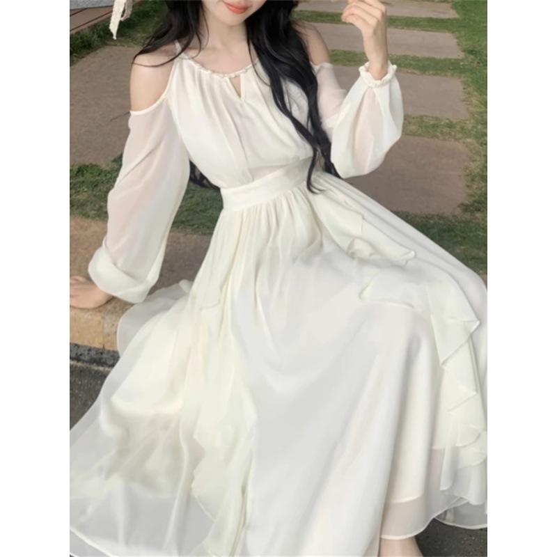 白ワンピース マキシワンピース レディース ロングドレス 袖あり 体型