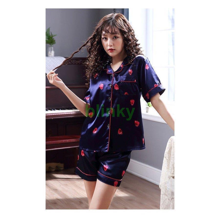 夏用 レディース イチゴ柄 サテン パジャマ パイピング 半袖 シルクタッチ ショーパン 短パン 光沢 寝間着 ルームウェア 部 夏用 レディース イチゴ柄 サテン パジャマ パイピング 半袖 シルク