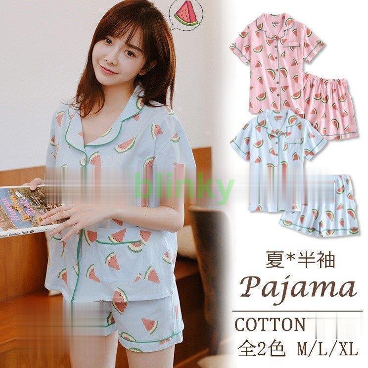 パジャマ レディース 春夏 前開き 半袖パジャマ スイカ柄 上下セット綿