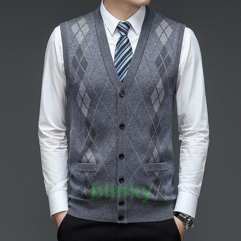 ニットベスト メンズ チョッキ 紳士服 Vネック 菱形 開襟 前開き