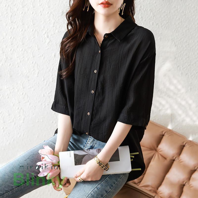 美品　トゥモローランド　ストレッチブラウス　黒　ふんわり袖　半袖　きれいめ 袖刺繍ブラウス 半袖 レディース(M ブラック): 東京シャツ公式