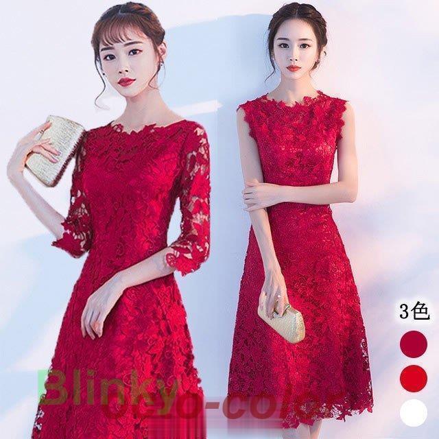 結婚式ドレス レース ワイン赤 ゲストドレス ノースリーブ 5分袖 2タイプ 赤 レースドレス ミモレ丈 パーティードレス 二次会 お呼ばれドレス | 