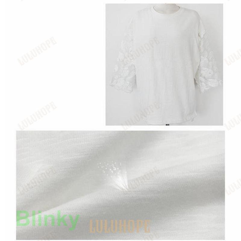 tシャツ 七分袖 レース スラブコットン 切り替え シースルー 無地