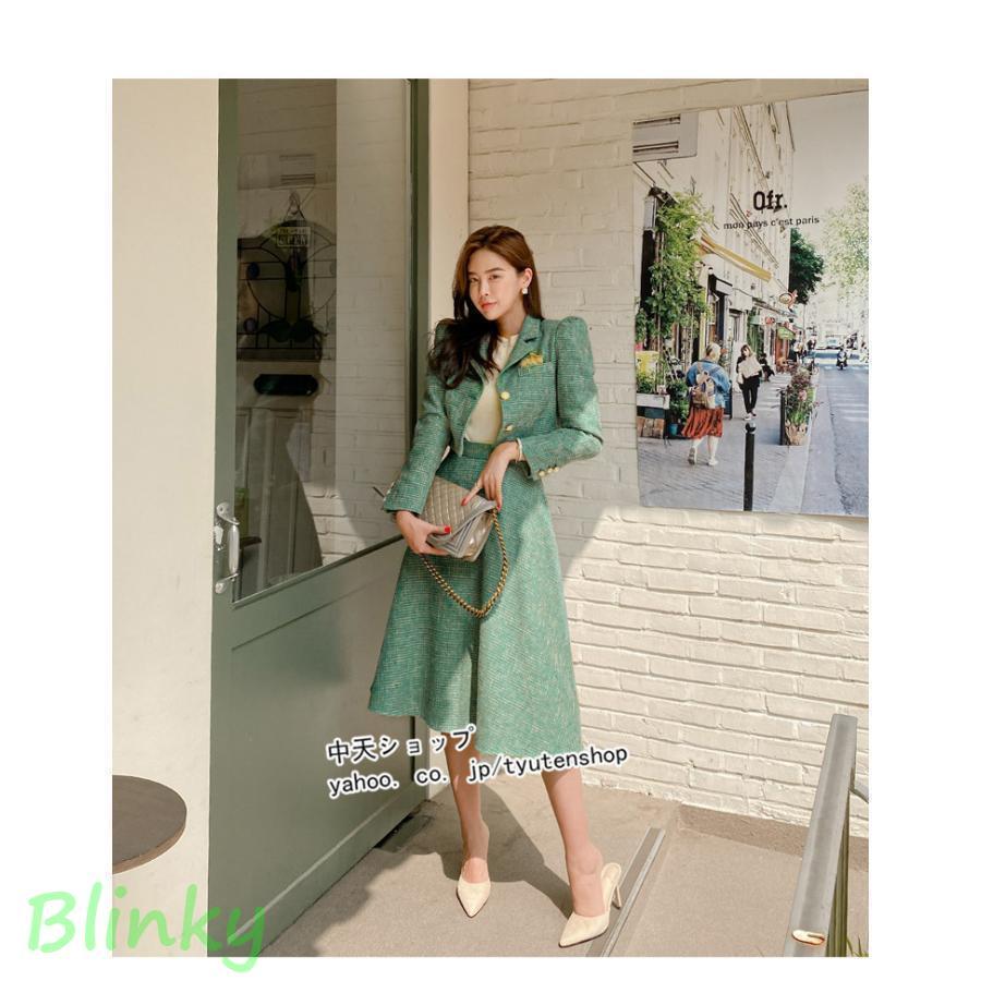 ツイードジャケット セットアップ 春秋 長袖ジャケット+膝丈