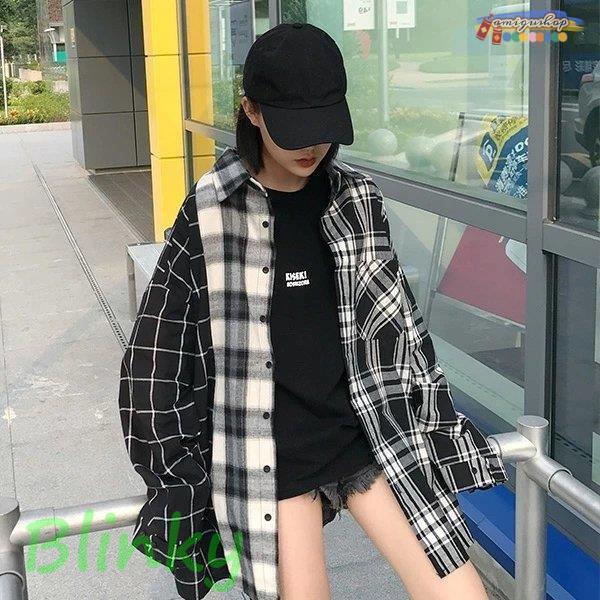 チェックシャツ 柄シャツ アシンメトリー ビッグシルエット パッチ