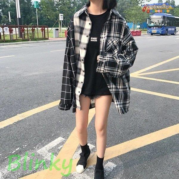 チェックシャツ 柄シャツ アシンメトリー ビッグシルエット パッチ