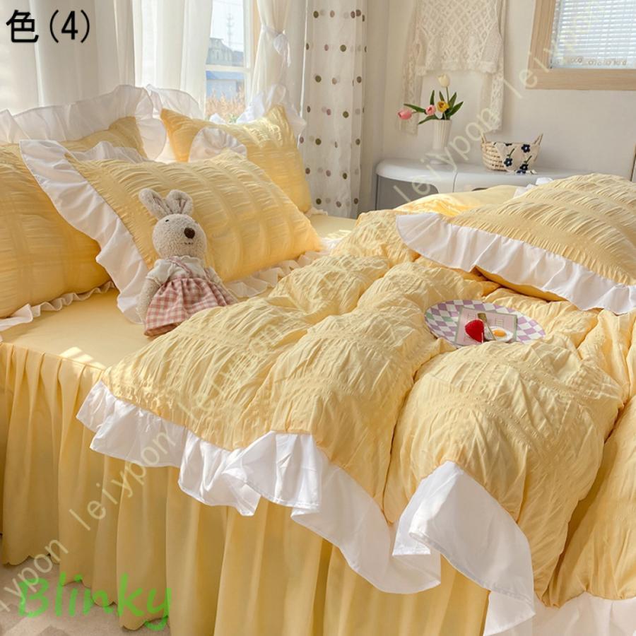 掛け布団 5点セット ツインサイズ Nisha Yellow Ⓣ 布団カバー セット シアサッカー生地 おしゃれ フラットシーツ