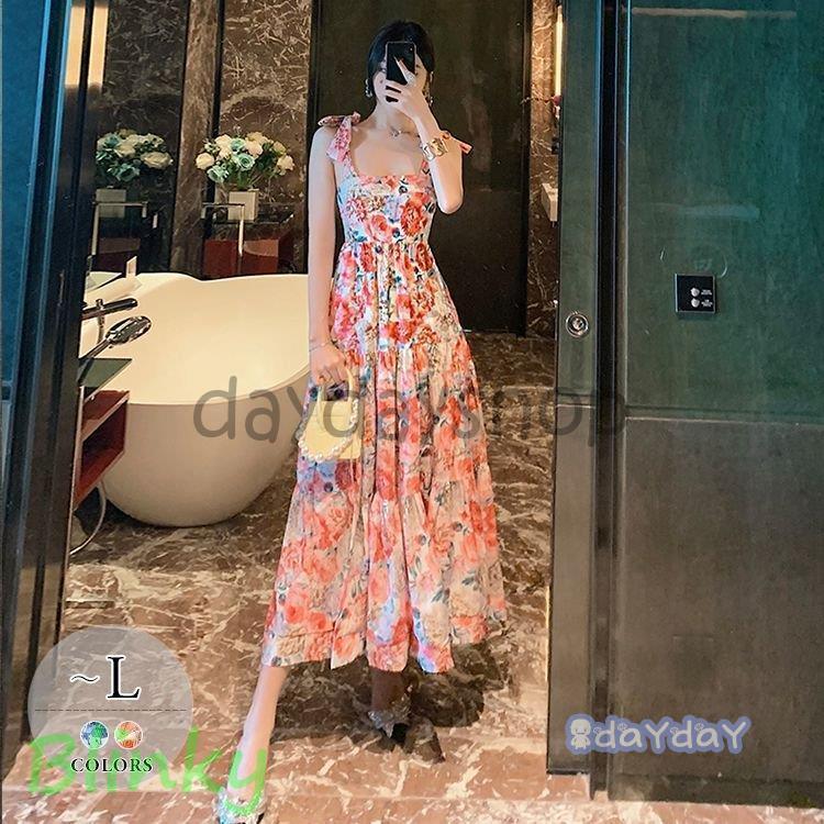 フラワープリントハイウエストワンピドレス XS-Lサイズあり 【GINZA COUTURE/銀座クチュール】フラワープリント