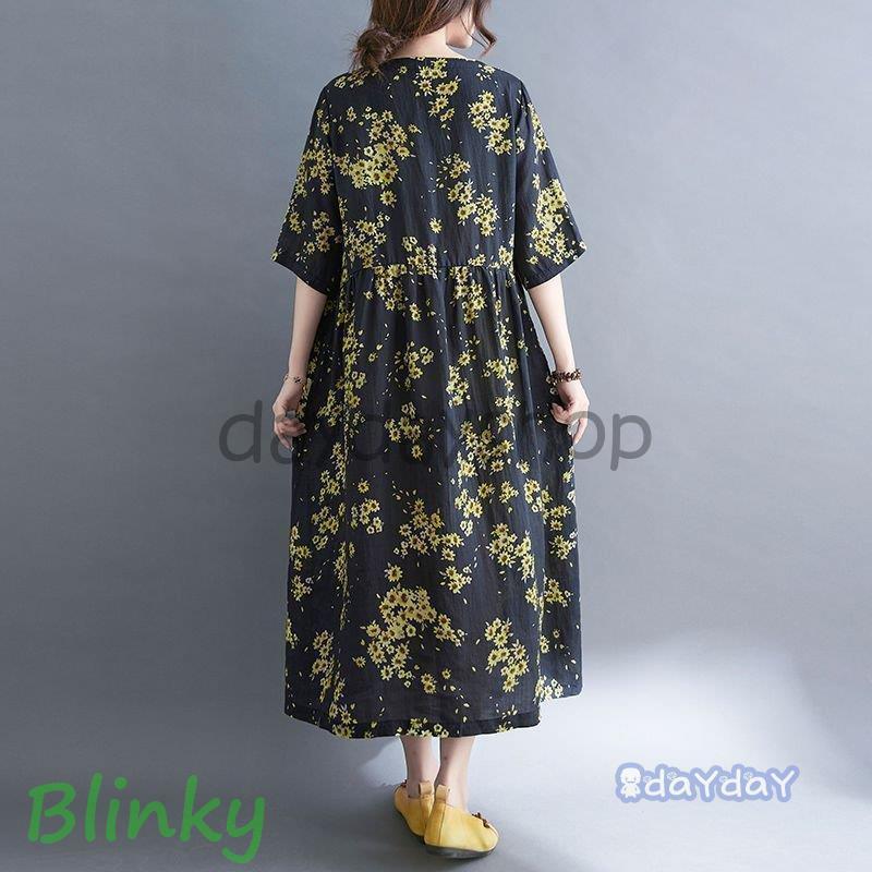 ワンピース 花柄 5分袖 ウエストリボン カシュクール ロングワンピース ボタン アジアンテイスト 甘め 美人 母親 休日スタイル フェミニン_2