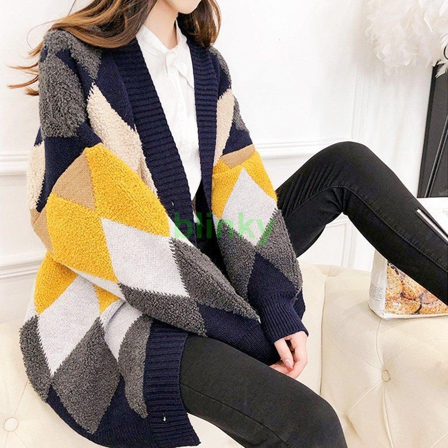 配色 ニットカーディガン レディース アーガイル柄 ニット