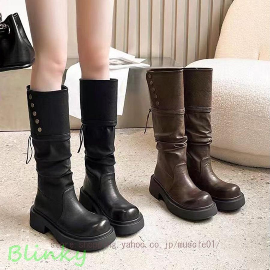 ロングブーツ レディース 秋冬 チャンキーヒール 変形ヒール ヒール3-5