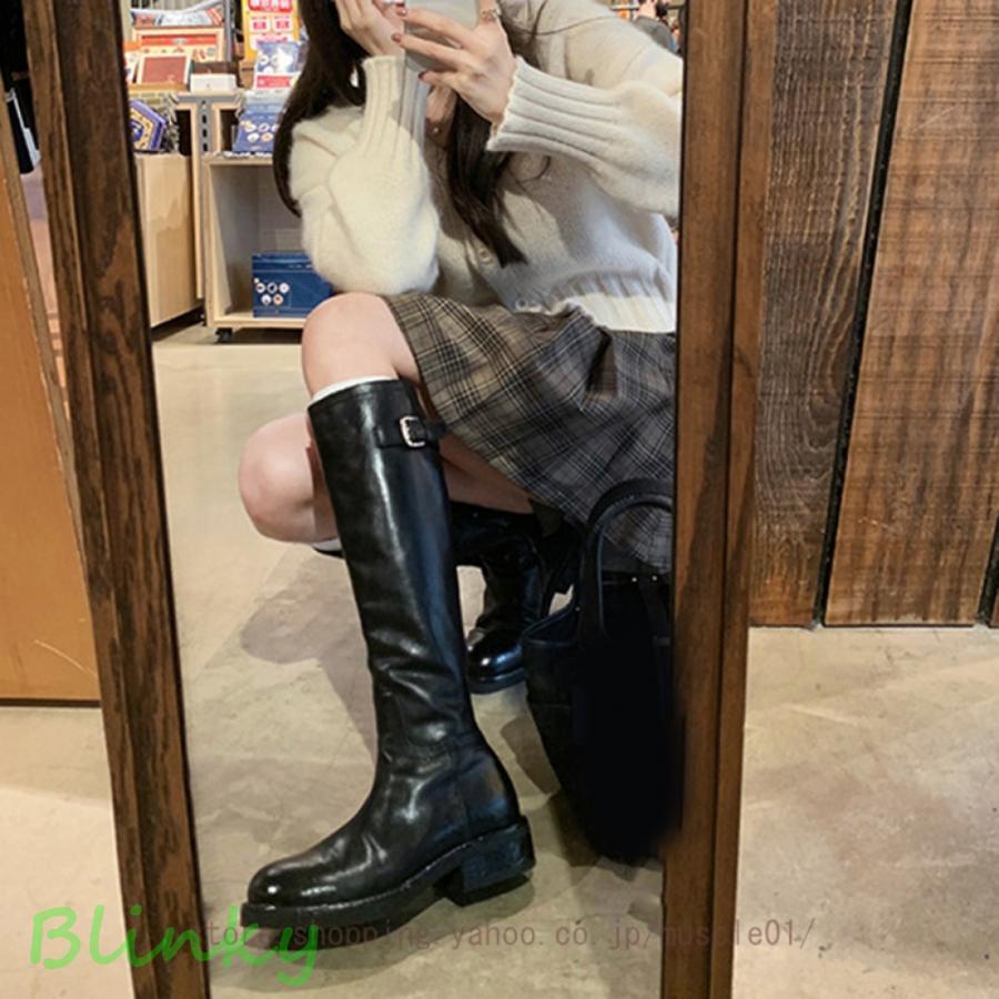黒いロングブーツ 滑り止め付き レディース ローヒール エンジニアブーツ 滑り止め サイドジッパー