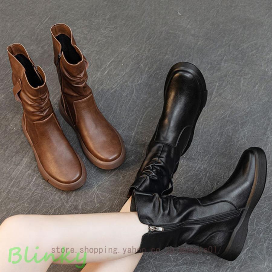 レディース ショートブーツ 本革 サイドジップ 厚底 インヒール 歩き