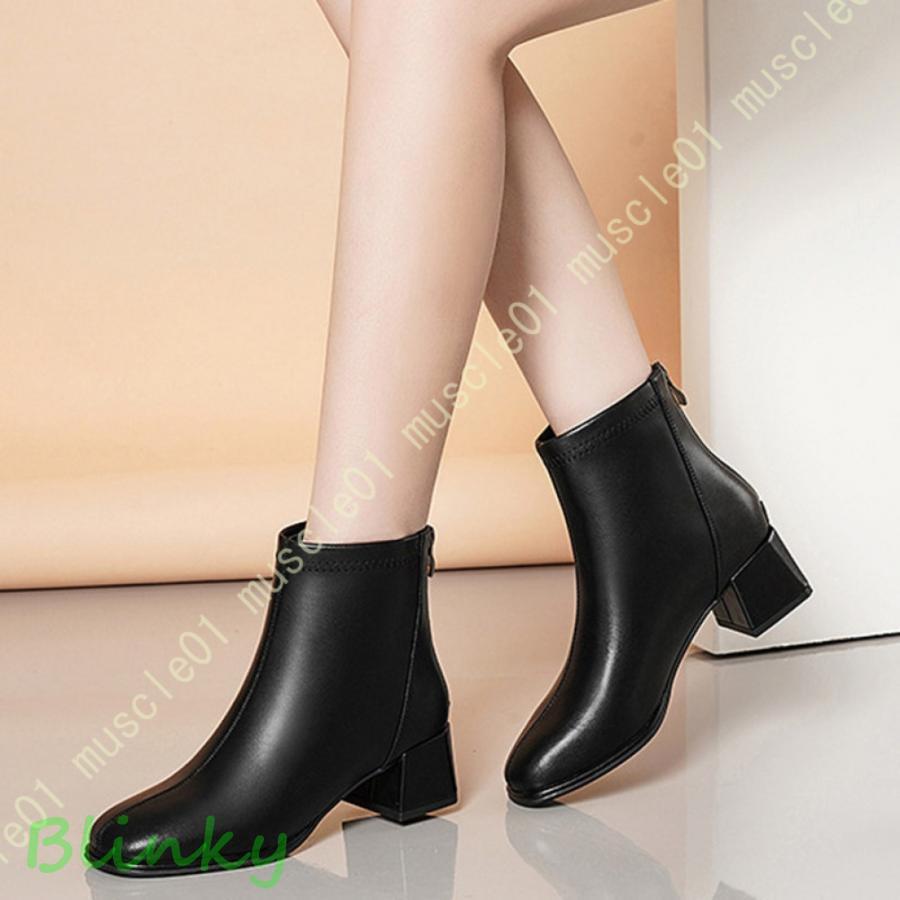 美脚ショートブーツ バックファスナー ブーツ レディース ヒールブーツ
