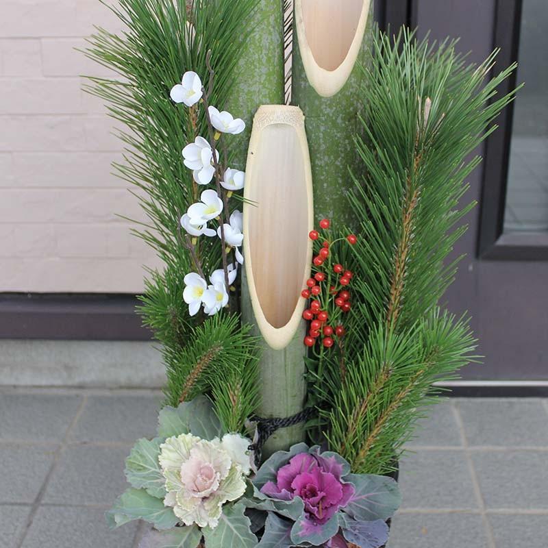 福来る！開運♪丹精込めた手作り門松（飾りやすい鉢タイプ＋杉皮あり） 1m（1対）＋おめでたい葉牡丹付き 12/27