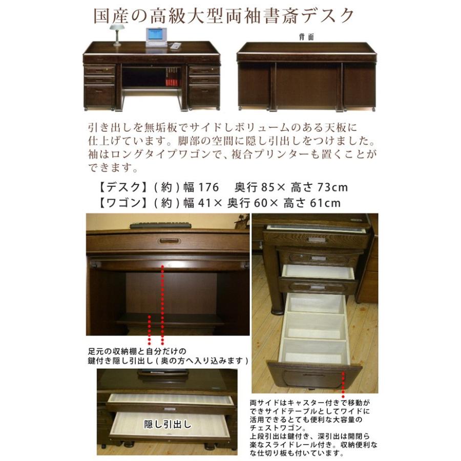 ヨコタウッドワーク 書斎デスク 書斎机 幅176 両袖 ナラ材 ワゴン 国産