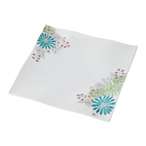 色絵九谷 遊 大皿 青 Φ21X3.3cm 華 ひねり角皿 大