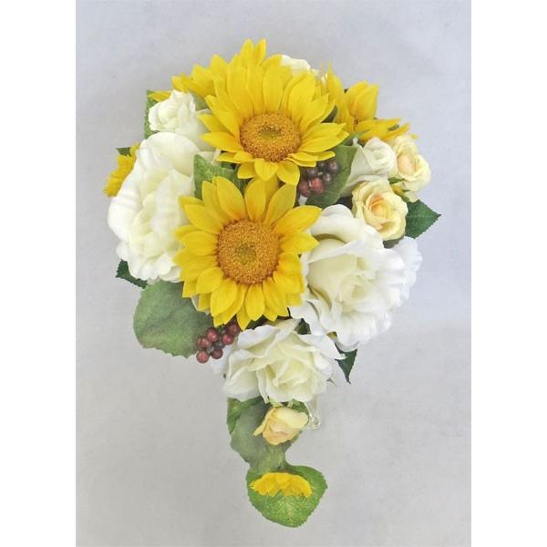 アートフラワーブーケ/白バラとひまわりのセミキャスケードブーケ