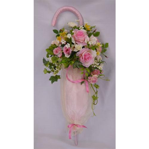 アートフラワー〔造花〕ブーケ/ピンクバラアートパラソルブーケ