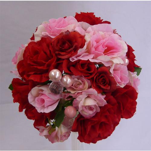 アートフラワー〔造花〕ブーケ/ピンク&レッドローズパールブーケ