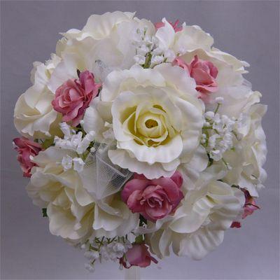 アートフラワー[造花]ブーケ/白バララウンドブーケ＆ピンクモーヴミニバラ