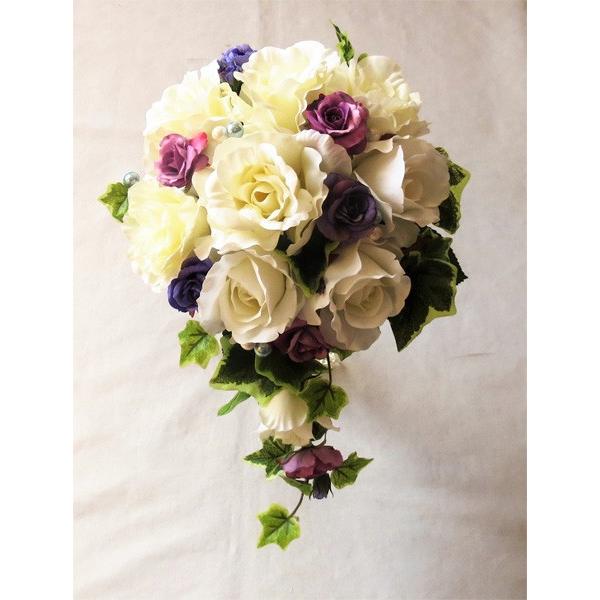 アートフラワー〔造花〕ブーケ/白バラ＆パープル・ブルーパープルセミキャスケードブーケ