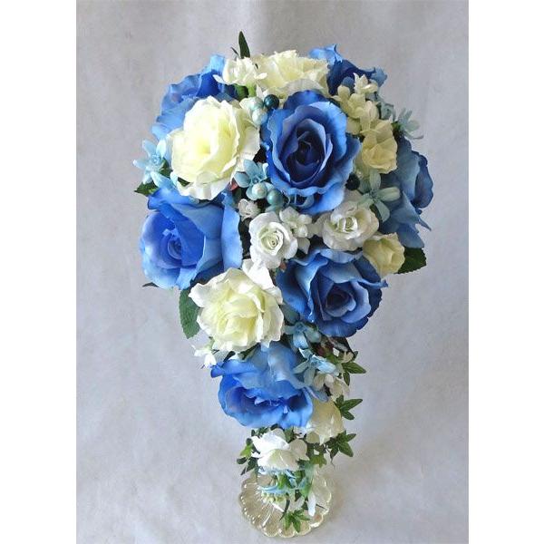 アートフラワー〔造花〕ブーケ/ブルー＆白バラキャスケードブーケ　ブートニア付き