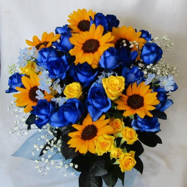ブルーローズとひまわりのアレンジメント 青いバラ ペインテッドブルー ２0本 ヒマワリ 福袋セール