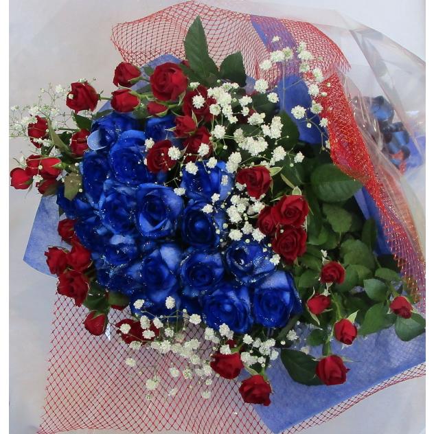 バラの花束/シルバーラメブルーローズ＆赤バラとかすみ草 : フラワー