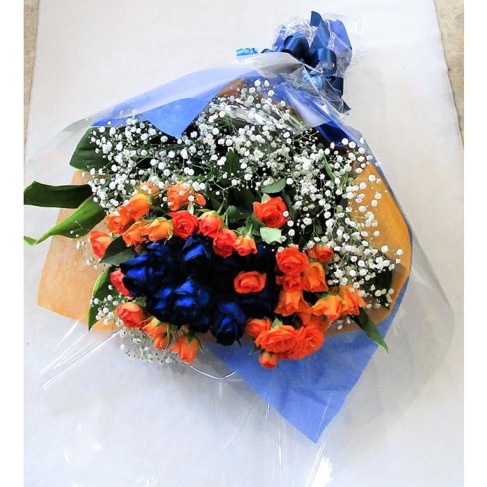 ブルローズーとオレンジバラの花束 ブルー＆オレンジローズブーケL