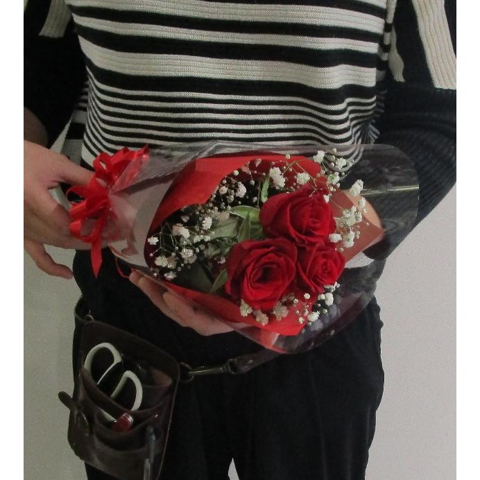 バラの花束/赤バラ3本とカスミソウのブーケ : フラワーギフト ブルー