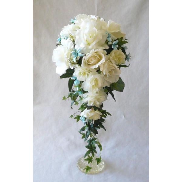 アートフラワー〔造花〕ブーケ/白バラ・ブルースター・キャスケードブーケ
