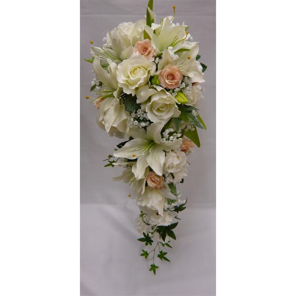 アートフラワー〔造花〕ブーケ/ユリ・ピンクバラ・かすみそうのスペシャルブーケ