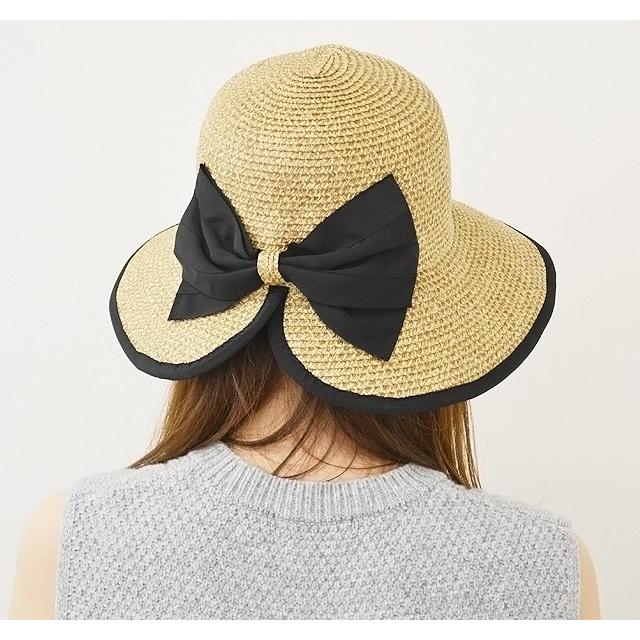 バックリボン ハット レディース  帽子 パイピング ペーパーブレード  つば広ハット UVカット |  | 02