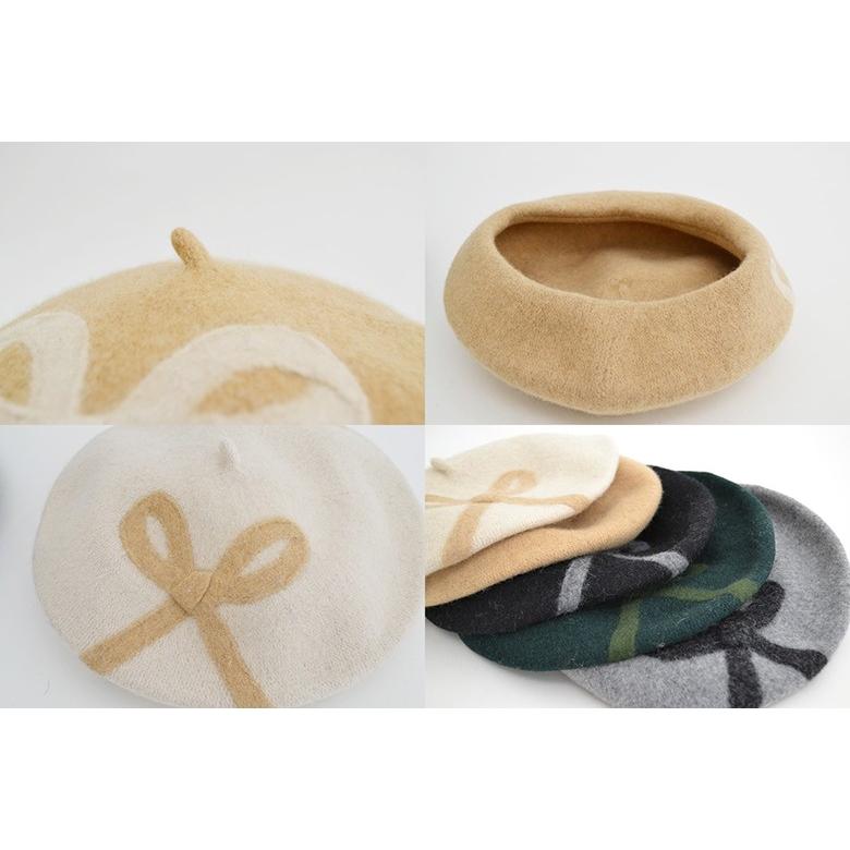 ベレー帽 レディース 帽子 ウール混 リボンフェルトアップリケ ベレー