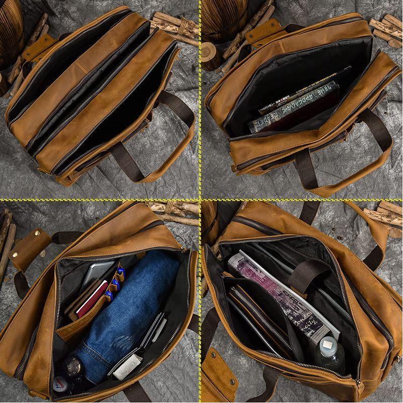 Luufan ビジネスバッグ 本革 メンズ 大容量 3収納室 ビジネス鞄 16インチ対応 底鋲付き 耐久 ブリーフケース 自立可 牛革 通勤