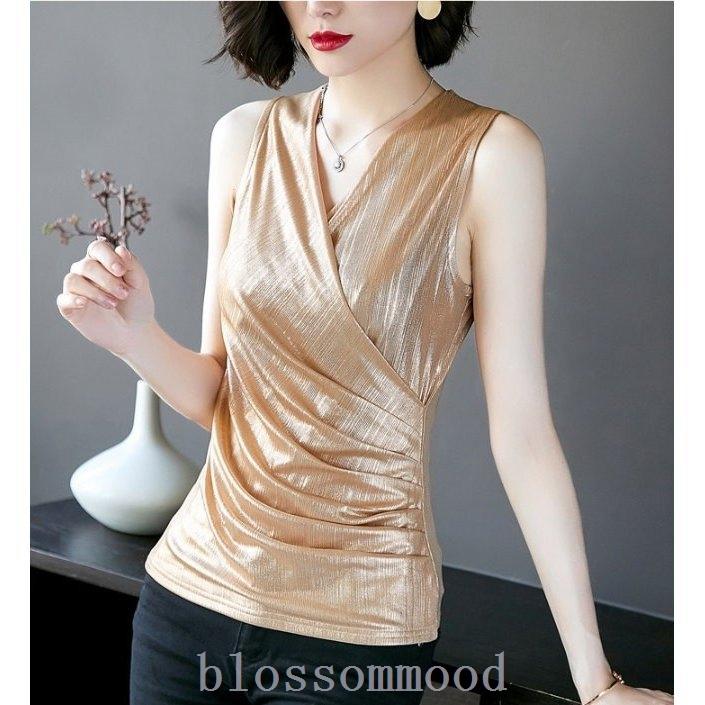 トップス 送関込 タンクトップ ノースリーブ 光沢 Vネック カシュクール サテン カットソー ドレープおうちコーデ アパレル Zh7d2krl2v Boulevardrestaurants Com