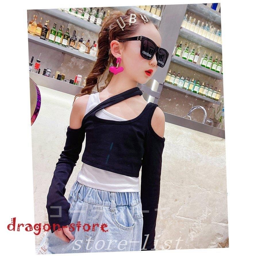 キッズダンス衣装セットアップデニムパンツダメージパンツへそ出しガールズ女の子tシャッツトップスベストヒップホップ発表会韓国 新しく着き