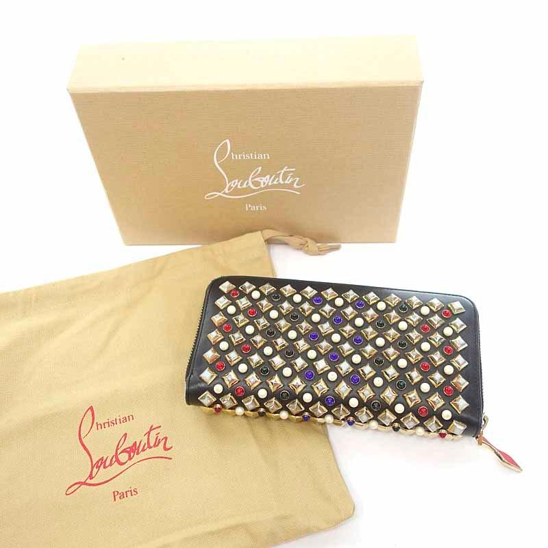 クリスチャンルブタン/CHRISTIAN LOUBOUTIN レザー カラー ストーン　ラウンド ファスナー 長財布 ウォレット 13L21 サイズ 表記無し ブラック×マルチ ランクB｜blowz