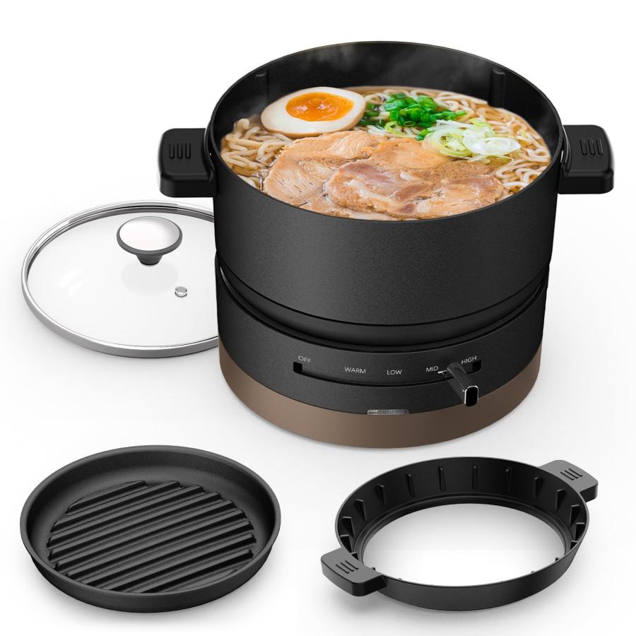 電気鍋 一人用 HAGOOGI (ハゴオギ) グリル鍋 一人鍋 1L 600W 4段階温度調整 クッキングケトル 着脱式 丸洗い可 一台多役 波形プレート 蓋 HAGOOGI (ハゴオギ) 電気鍋 一人用 グリル鍋 1L 600W 温度調整機能