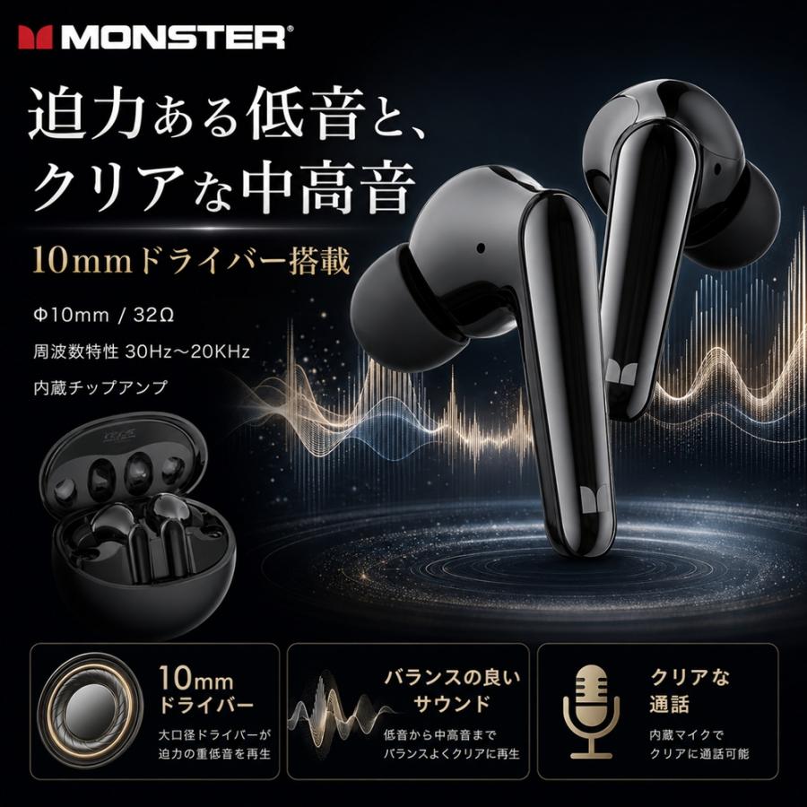MONSTER N-Lite 203 ブラック 完全ワイヤレスイヤホン Bluetooth 5.3